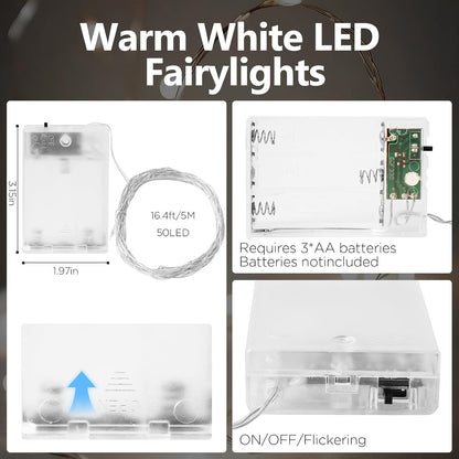 Fairy Lights Battery Operated String Lights 16.4ft 50LED Flashing and Constant Light Waterproof Silver Wire for Christmas DIY Party Bedroom Wedding (White, 2 Pack)