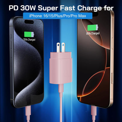 30W USB C i Phone 16 15 Charger Fast Charging, 2PACK Wall Charger for iPhone 16 15 Pro Max Charger Cord 10FT Fast Type C Charger Block for iPhone 16/16 Pro/15 Plus/15 Pro/15 Pro Max, iPad Pro, Pink