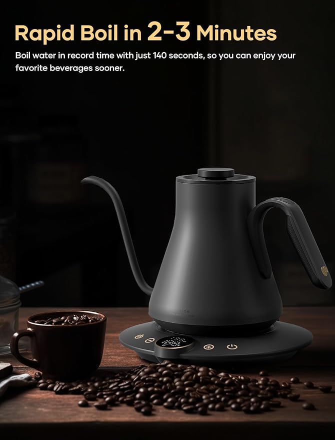 Electric Kettle, Gooseneck Electric Kettle, ±1℉ Temperature Control, Stainless Steel Inner, Quick Heating, for Pour Over Coffee, Brew Tea, Boil Hot Water, 1500W/0.9L Black
