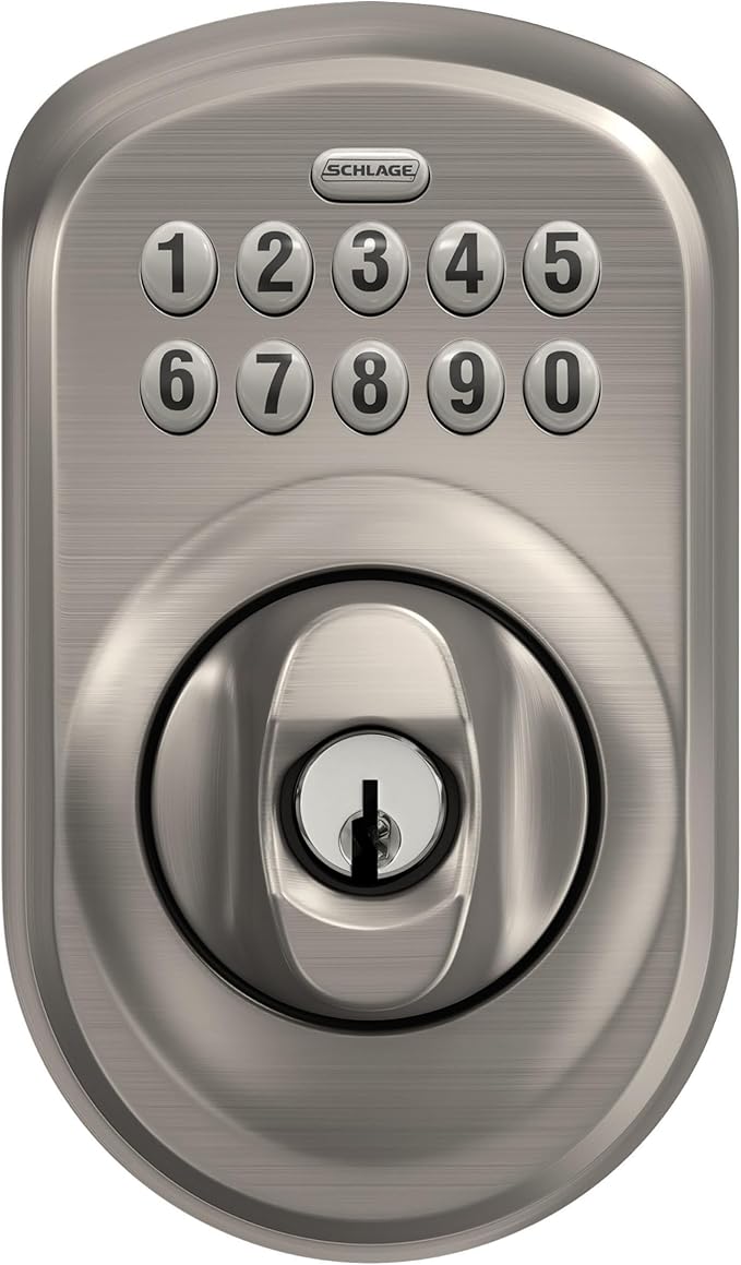 Schlage BE365 PLY 619 Plymouth Keypad Deadbolt, Electronic Keyless Entry Lock, Satin Nickel