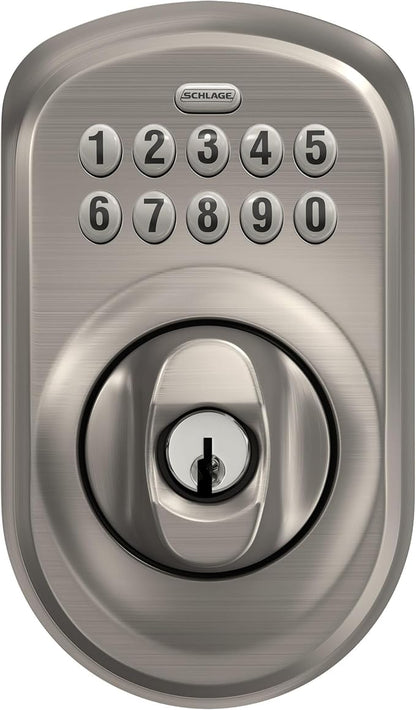 Schlage BE365 PLY 619 Plymouth Keypad Deadbolt, Electronic Keyless Entry Lock, Satin Nickel