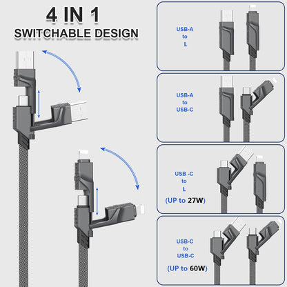 4-in-1 USB C Cable for Lightning Cable [60W Fast Charging], 2Pack (3FT+6FT) Flat Braided USB C to USB C Charger Cord with L/Type C/USB A Multi Ports for iPhone/Samsung Galaxy/i-Pad/Mac Book