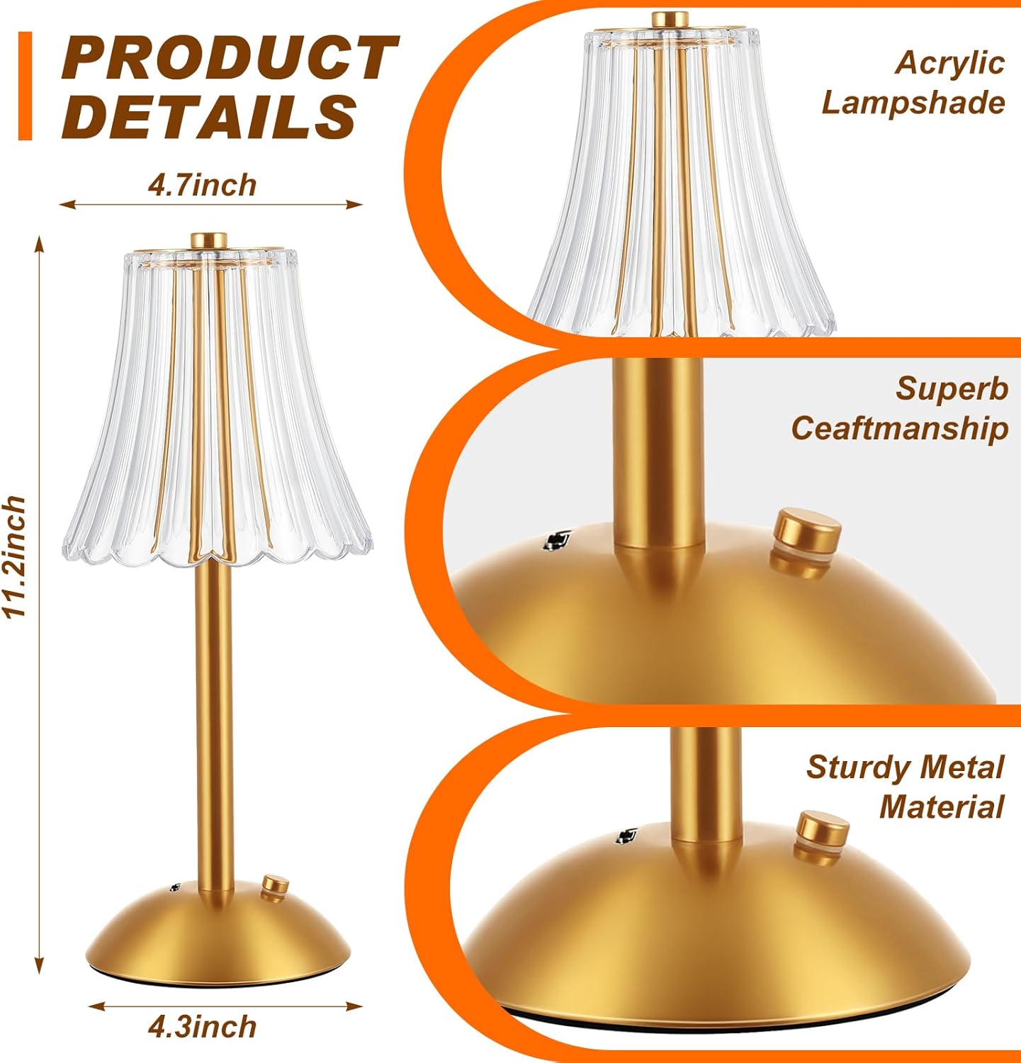 Liliful 1 Pcs LED Portable Cordless Table Lamp Touch Battery Operated Rechargeable Desk Lamp 3 Color Dimmable for Bedroom Living Room Dining (Rose Style,Gold)