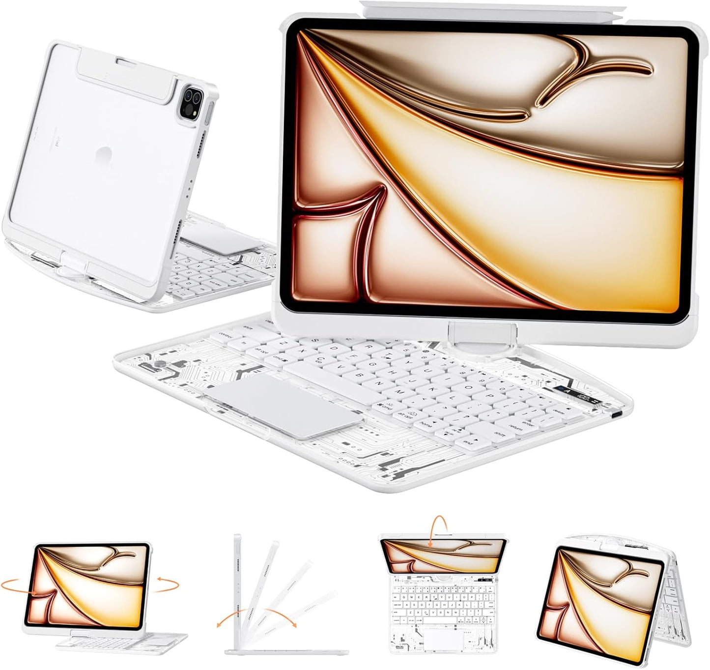 Transparent Case with Keyboard iPad Air (M3/M2,2025/2024) 11 Inch,Compatible 10.9" iPad Air 5th/4th & 11" iPad Pro 4/3/2/1,7-Color Backlit,Wireless Keyboard, 360°Rotating,with trackpad,White