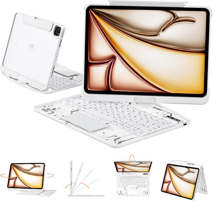 Transparent Case with Keyboard iPad Air (M3/M2,2025/2024) 11 Inch,Compatible 10.9" iPad Air 5th/4th & 11" iPad Pro 4/3/2/1,7-Color Backlit,Wireless Keyboard, 360°Rotating,with trackpad,White