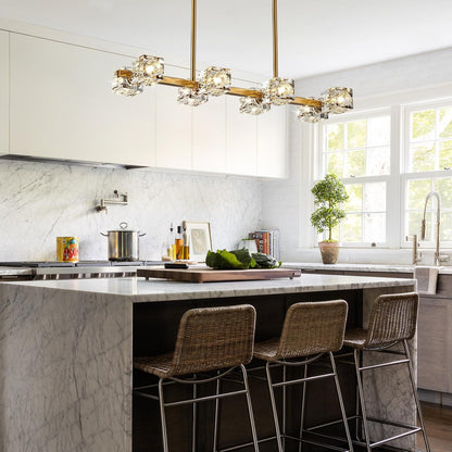 Dining Room Light Fixture,Gold Modern Crystal Chandelier Rectangular Pendant Light with 8 Light Farmhouse Chandeliers for Kitchen Island Dining Room Living Room Bedroom