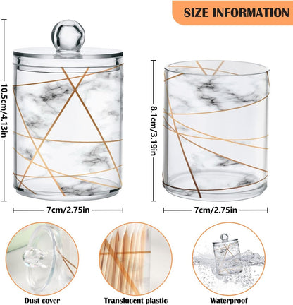 2 Pack Qtip Holder Dispenser White Marble Gold Line Bathroom Storage Canister Lid Acrylic Plastic Apothecary Jar Set Vanity Makeup Organizer for Cotton Swabs/Pads/Floss