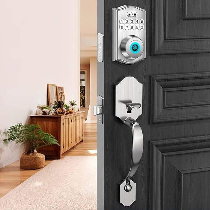 Keypad & Fingerprint Keyless Entry Front Door Lock with Handle Set, Digital Electronic Deadbolt Code Lock for Exterior Door, Auto Lock, One Time Code, Anti Peeping, Holiday & Silent Mode