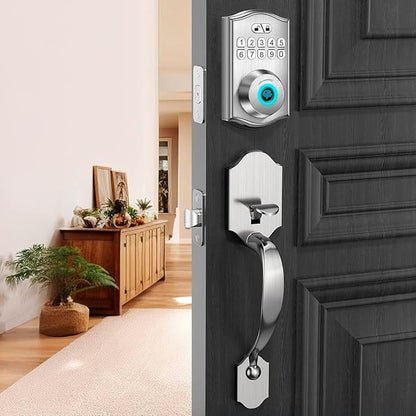 Keypad & Fingerprint Keyless Entry Front Door Lock with Handle Set, Digital Electronic Deadbolt Code Lock for Exterior Door, Auto Lock, One Time Code, Anti Peeping, Holiday & Silent Mode