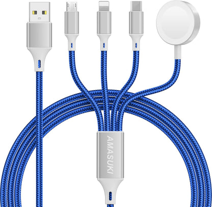 Travel Essentials Multi Charging Cable for Watch Charger 4 in 1 Fast Charger Camping Essentials USB C/L/Micro Compatible with Watch Series 10-1/SE/Ultra Phone 16 15/Galaxy Android-4FT/Blue