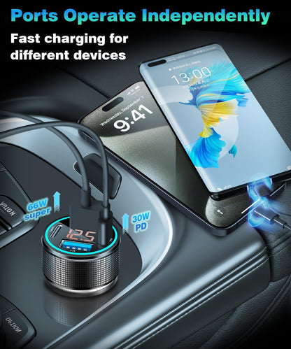 66W USB C Car Charger 4 Port Car Charger Adapter with 30W PD, 3.1A Aluminium Alloy Car Cigarette Lighter USB Charger with LED Voltmeter Compatible with Phone 15 14 13
