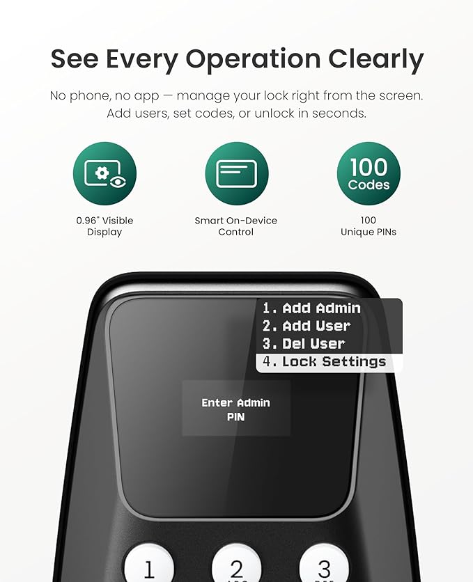 DESLOC C100 Keyless Entry Door Lock with Handle Set, Smart Deadbolt Lock for Front Door with 2 Keys, Auto Lock, 100 PIN Codes, Passage Mode, IP54 Waterproof, 12 Months Battery, Black