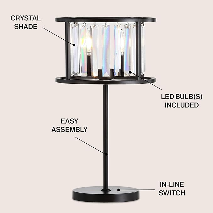 JONATHAN Y 21.5" Oil Rubbed Bronze 2-Light Metal and Crystal Table Lamp, Traditional Geometric Bedside Lamp with Linear Crystals for Living Room, LED Bulbs Included JYL9053A