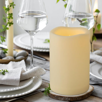 2 Pack 4" x 6" Waterproof Outdoor Flameless Candles with Remote and Timer, Battery Operated Flickering LED Flameless Pillar Candles for Lantern, Porch, Ivory, Plastic