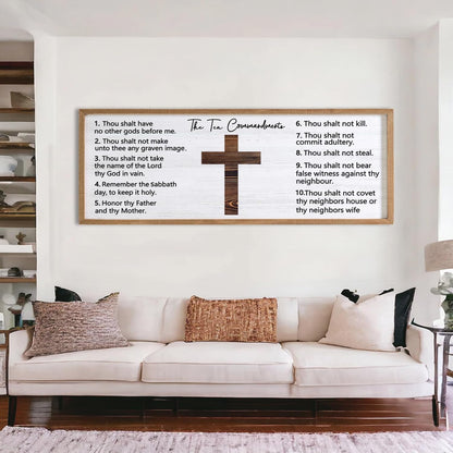 Ten Commandments Rustic Bible Verse Framed Wall Art 40" x 15" Natural Religious Christian Slogan Representing God Jesus Christ Prayer Vintage Holy Inspirational Catholic Scripture Decor