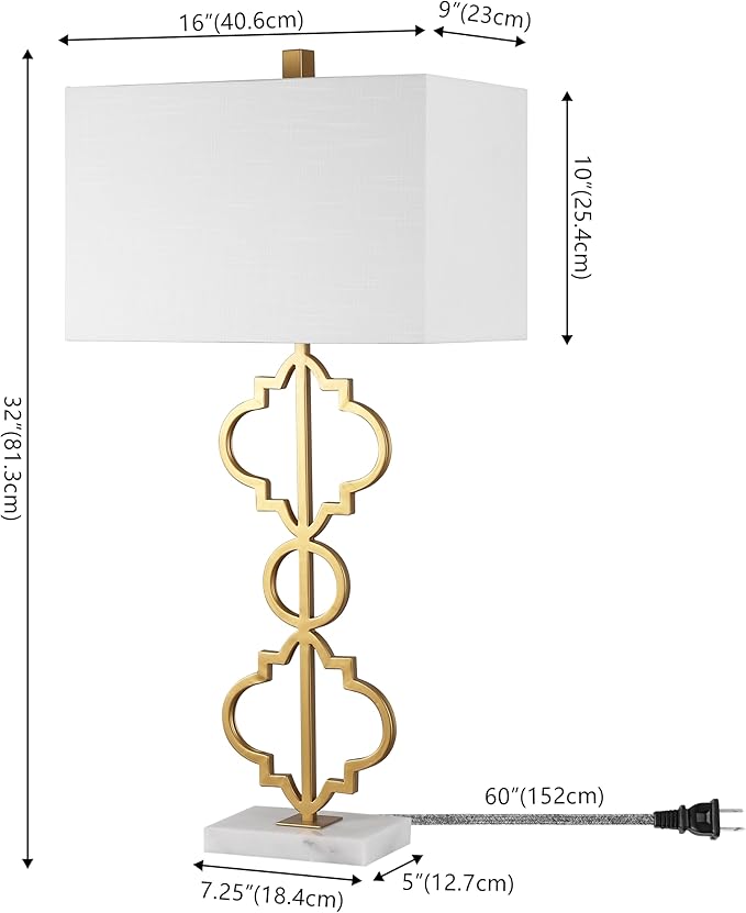 JONATHAN Y 32" Gold Selina Ogee Trellis LED Table Lamp, Glam Modern Iron Geometric Lamp for Living Room Bedroom, White Linen Rectangle Shade, LED Bulb Included JYL3072A