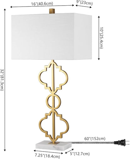 JONATHAN Y 32" Gold Selina Ogee Trellis LED Table Lamp, Glam Modern Iron Geometric Lamp for Living Room Bedroom, White Linen Rectangle Shade, LED Bulb Included JYL3072A