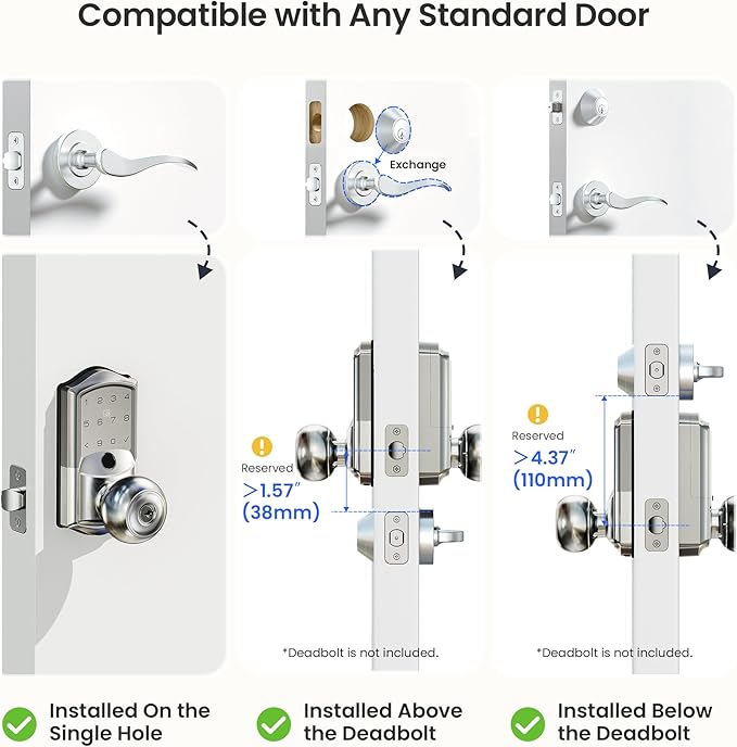 Veise VE028 Built-in Wi-Fi Smart Lock with Knob, Fingerprint Keyless Entry with Handle, App Remote & Voice Control, Electronic Digital Keypad for Front Door and Bedroom, IP65 Waterproof, Satin Nickel