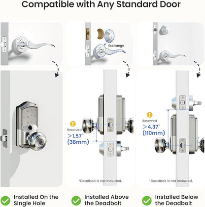 Veise VE028 Built-in Wi-Fi Smart Lock with Knob, Fingerprint Keyless Entry with Handle, App Remote & Voice Control, Electronic Digital Keypad for Front Door and Bedroom, IP65 Waterproof, Satin Nickel