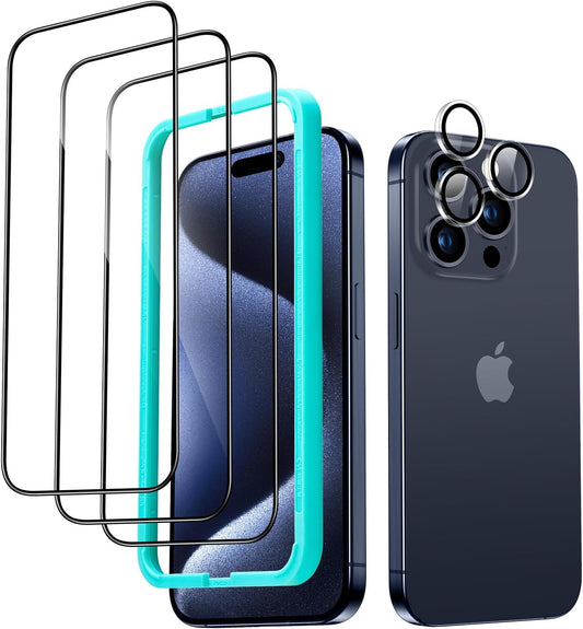 ESR 3+1 Pack for iPhone 15 Pro Screen Protector, 3 Black Edge Tempered-Glass Film and 1 Set Camera Lens Protector, 2.5D Curved Edges, Full-Coverage Military-Grade Protection, Scratch Resistant