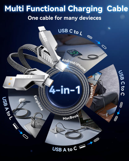 [One is Enough] 4-in-1 Compatible with USB C to Lightning Cable, 45W High-Speed Charging & Fast Data Transfer,CarPlay & Android Auto Support Multi Charger Cord Combo for iPhone/Samsung/iPad,3FT