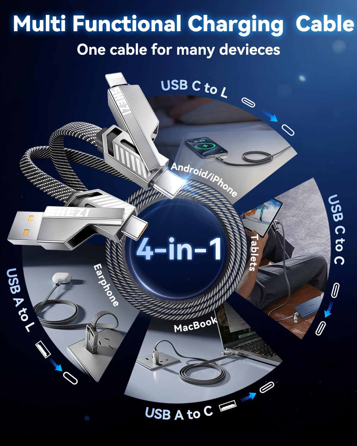 [One is Enough] 4-in-1 Compatible with USB C to Lightning Cable, 100W High-Speed Charging & Fast Data Transfer,CarPlay & Android Auto Support Multi Charger Cord Combo for iPhone/Samsung/iPad,5FT