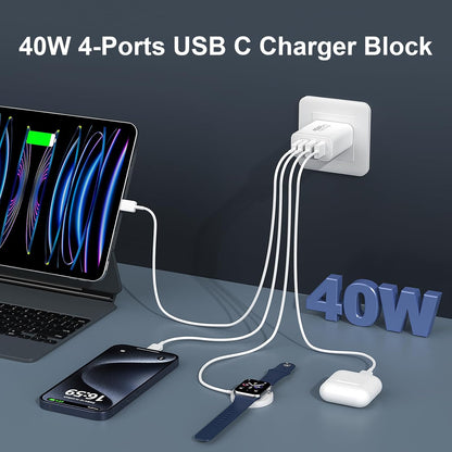 USB C Fast Wall Charger Block, 2Pack 40W USBC Charging Cubes, 4-Port PD+QC Power Adapter Multiport Brick Type C Box Plug for Phone 16/15/14/13/12/11/Pro Max/Plus, Pad Mini/Pro/S25/S24