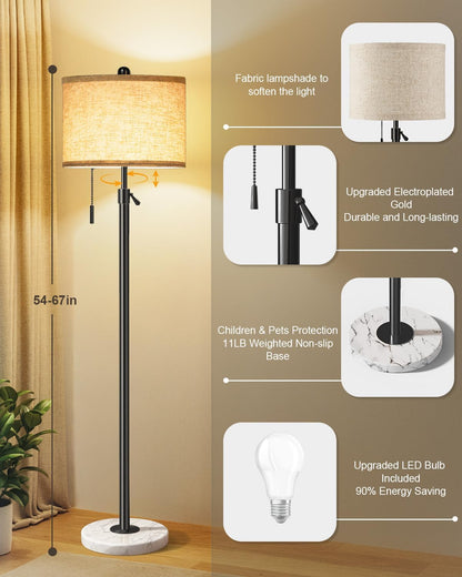 Floor Lamp for Living Room - Adjustable Height Standing Lamp with Marble Base & Linen Shade - Tall Pole Floor Light with 3 Color Temperatures Bulb for Bedroom, Reading - Easy Assembly