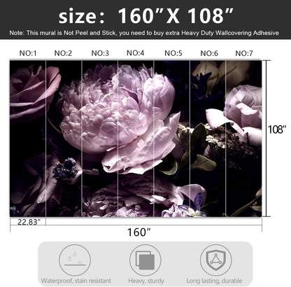 -Black Peony Purple Floral Botanical Fabric Wallpaper Living Room Bedroom Bathroom Dark Flowers Large Wall Mural- 160"x108"（ not Peel and Stick）