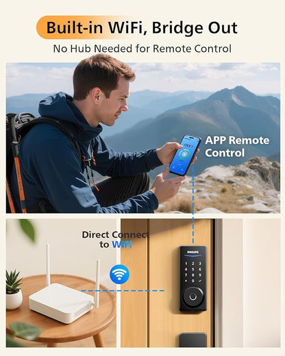 Philips WiFi Smart Lock with Front Door Handle Set, Built-in WiFi, APP Remote & Voice Control, Fingerprint Keyless Entry Door Lock, Keypad Deadbolt Smart Locks for Front Door, Auto-Lock, Matte Black