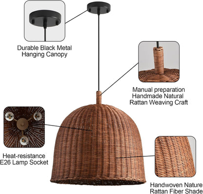 3-Light Dark Curry Rattan Pendant Light,17.7" Rustic Hanging Light,Brown Wicker Pendant Light Hand-Woven Rattan Chandelier for Workplace Restaurants Dining Living Kitchen Farmhouse