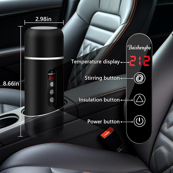Car Kettle, 12V/24V Portable Electric Travel Kettle 420ML & 304 Stainless Steel Water Boiler with Built-in Magnetic Induction Stirring Temperature Adjustable Bottle Warmer for Tea Coffee Milk