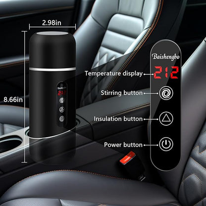 Car Kettle, 12V/24V Portable Electric Travel Kettle 420ML & 304 Stainless Steel Water Boiler with Built-in Magnetic Induction Stirring Temperature Adjustable Bottle Warmer for Tea Coffee Milk