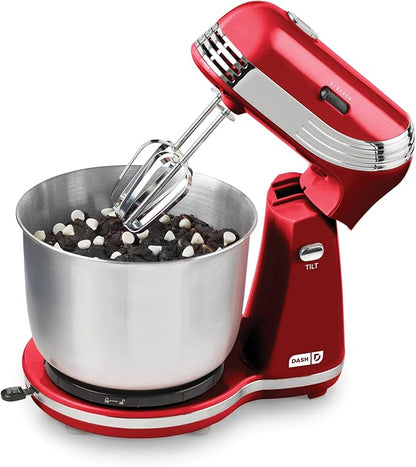 DASH Stand Mixer (Electric Mixer for Everyday Use): 6 Speed Stand Mixer with 3 qt Stainless Steel Mixing Bowl, Dough Hooks & Mixer Beaters for Dressings, Frosting, Meringues & More - Red, DCSM250RD