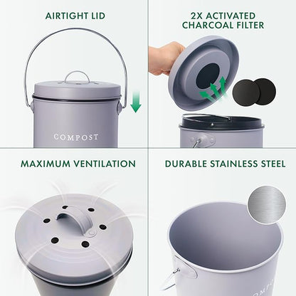 FINESSY Indoor Compost Bin Kitchen Odorless with Lid for Composting Food Waste Bucket for Counters, Stainless Steel Kitchen Compost Bin Countertop Trash Can, Indoor Food Composter Recycler Container