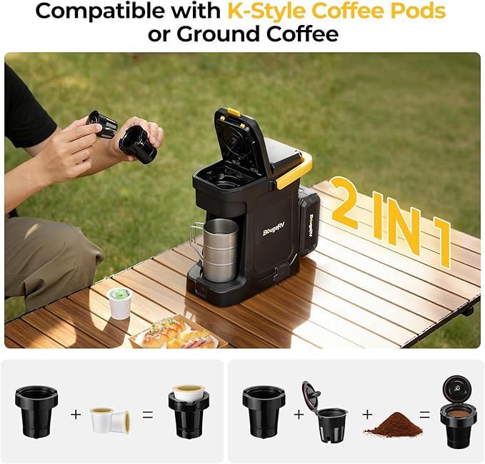 BougeRV Coffee Machine with 18V 8Ah Battery Powered Compatible with K Cup Coffee Pods & Ground, Cordless Coffee Maker for Travel Camping Outdoor Worker Home