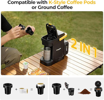 BougeRV Coffee Machine with 18V 8Ah Battery Powered Compatible with K Cup Coffee Pods & Ground, Cordless Coffee Maker for Travel Camping Outdoor Worker Home
