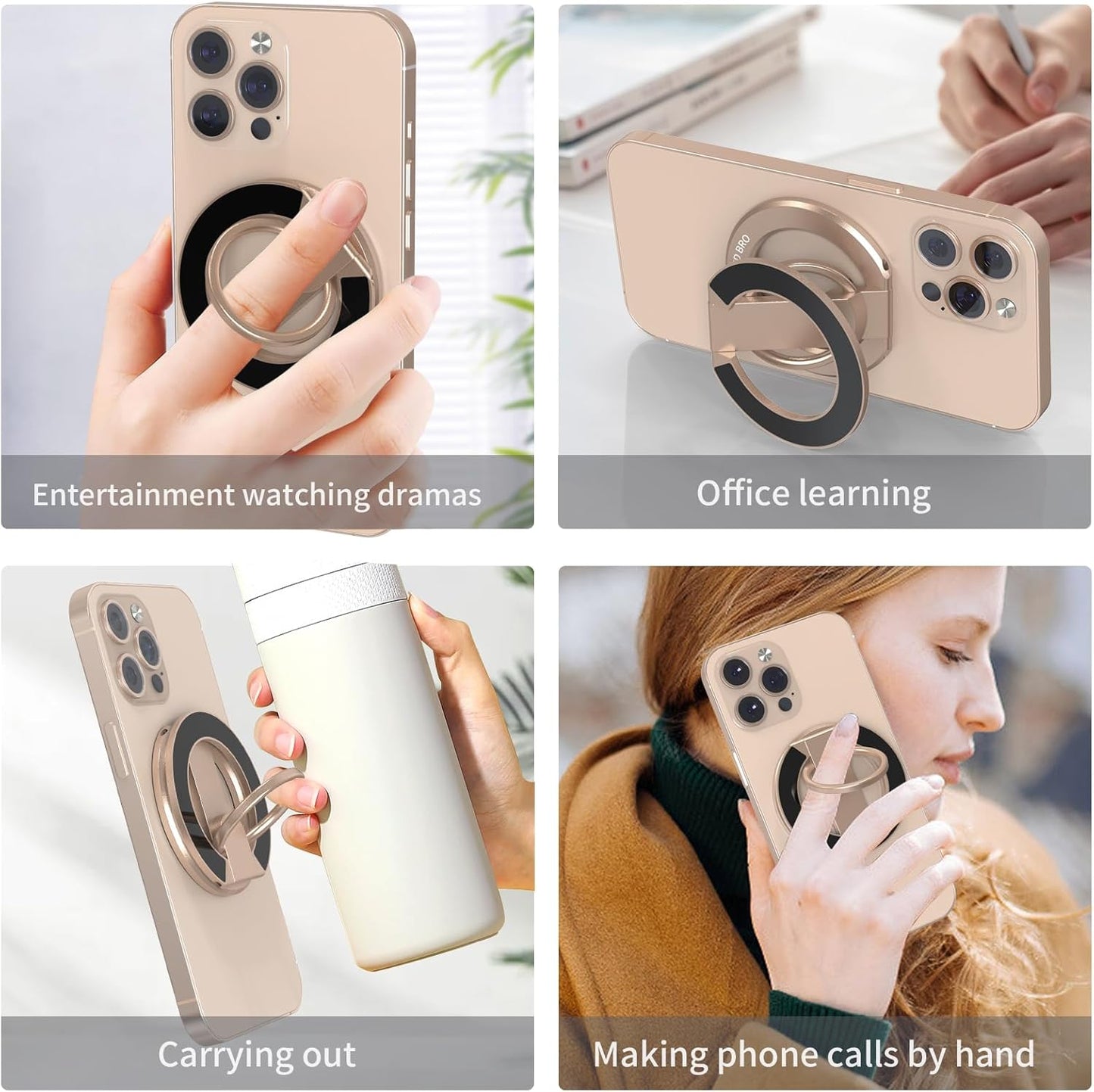 RESPECTED BRO-Magnetic-Phone-Ring-Holder with Dual Rings, Compatible with iPhone 16/15/14/13/12, Multifunctional Stand for Desk,Office,Gym,Kitchen & All Metal Surfaces, Finger Loop Grip (Desert Gold)