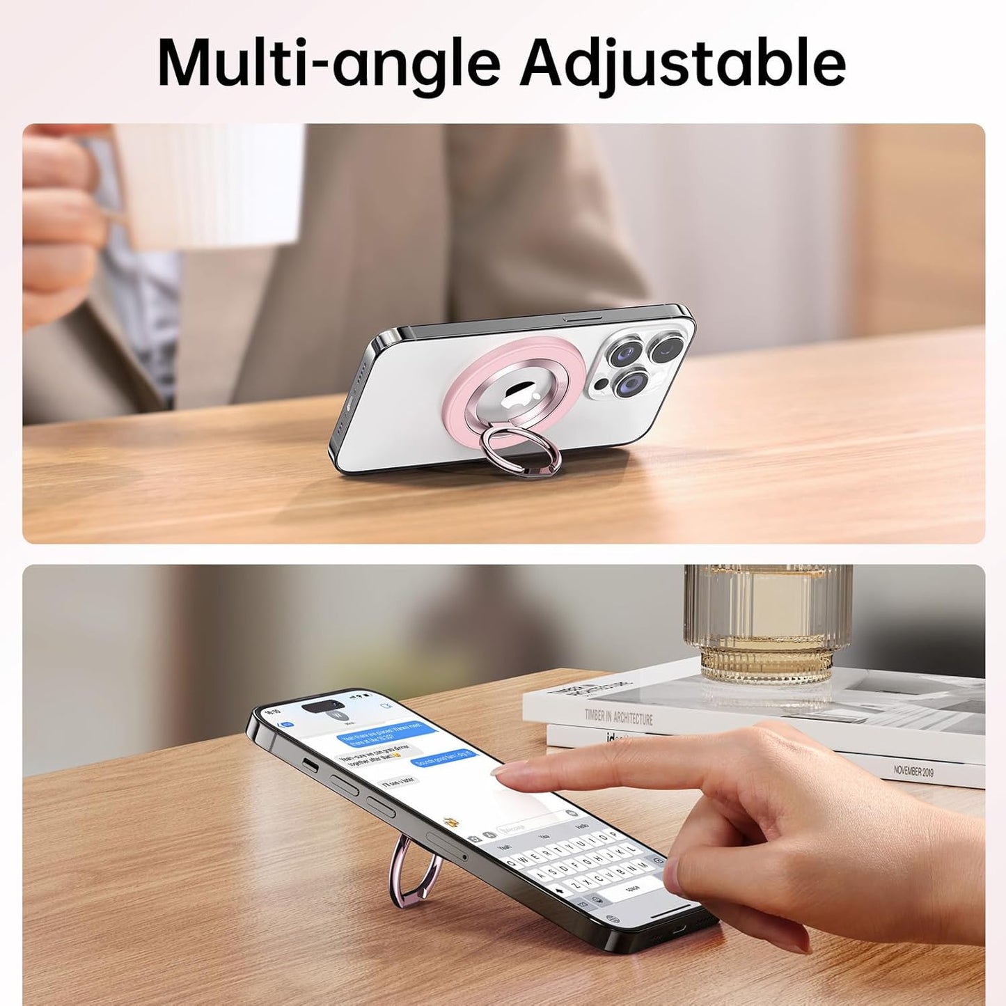 Syncwire Magnetic Phone Ring Holder for MagSafe, Magnetic Phone Ring Stand Finger Grip Kickstand with Two-Sided Magnets Compatible iPhone,Android,MagSafe Accessories, Light Pink