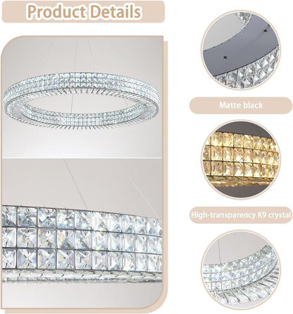 Dia 40" Modern Chandelier Ring Crystal Chandelier Adjustable Height Luxury Crystal Pendant Ceiling Light Fixture for Dining Living Room Bedroom