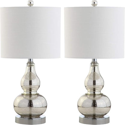 JONATHAN Y 20.5" Mercury Silver Glass Table Lamp, Modern Gourd Bedside Nightstand Lamp for Bedroom, Living Room, White Linen Shade, LED Bulb Included (JYL1028C-SET2)