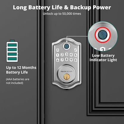 DS10 Pro Keyless Entry Door Lock with APP Control - Fingerprint Electronic Keypad Door Lock, Smart Locks for Front Door, Auto-Lock & One Touch Locking with Bluetooth - Satin Nickel