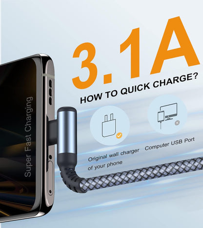 USB Type C Cable Right Angle [2-Pack, 6.6FT+20FT], USB Type C iPhone 16 Charger Cable Nylon Braided Cord for iPhone 15 16 Pro Max Plus, Samsung Galaxy S25 S24 S23 S22 S21 S10 S9 Note 20 10,Moto,PS5