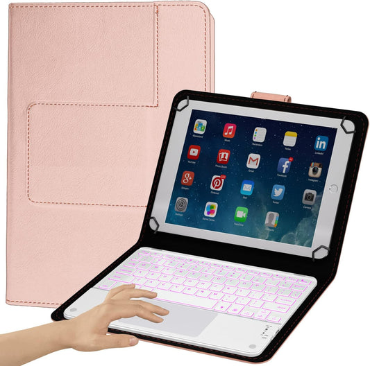TouchPad Keyboard case for 9",9.7",10.1",10.2",10.5",10.9",11",Tablets,2-in-1 Bluetooth Wireless Keyboard with Touchpad,7 Colors Backlit & Leather Folio Cover(Rose Gold)
