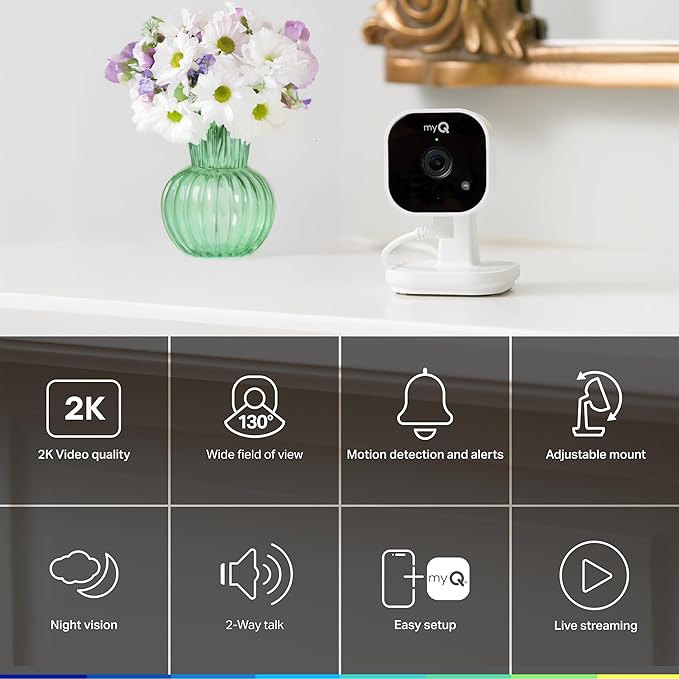 myQ Indoor Plug-in Security Camera Gen 2 – 2K Smart Wi-Fi Camera with Night Vision, Baby and Pet Monitor, Motion Detection and Alerts, 2-Way Audio & App Control