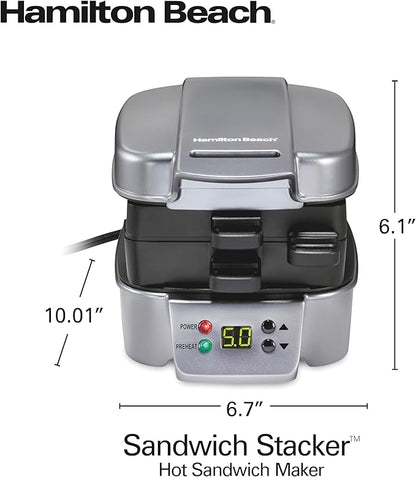 Hamilton Beach Sandwich Stacker Customizable Hot Sandwich Maker, 24 Sq. In. Non-Stick PFAS-Free Cooking Surfaces, Built-In Timer, Compact, Dishwasher-Safe, Perfect White Elephant Gifts, Silver (25471)