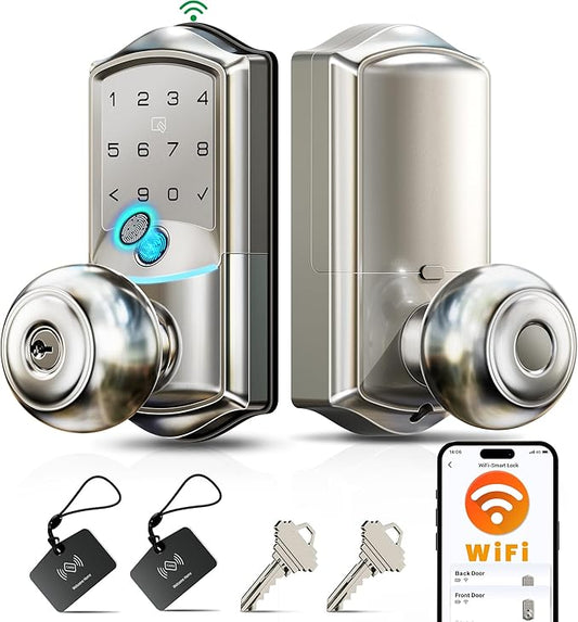 Veise VE028 Built-in Wi-Fi Smart Lock with Knob, Fingerprint Keyless Entry with Handle, App Remote & Voice Control, Electronic Digital Keypad for Front Door and Bedroom, IP65 Waterproof, Satin Nickel