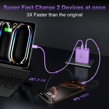 USB C Fast Wall Charger Block, 2Pack 60W USBC Charging Cubes, 5-Port PD+QC Power Adapter Multiport Brick Type C Box Plug for Phone 16/15/14/13/12/11/Pro Max/Plus, Pad Mini/Pro/S25/S24-Purple