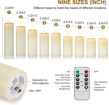 Flameless Battery Operated LED Candles 3D Wick with10 Key Button Remote Control 24-Hour Timer Set of 9 Electric Flickering Pillar Real Wax ApplyTo Party, Wedding,Dinner， Home Decoration