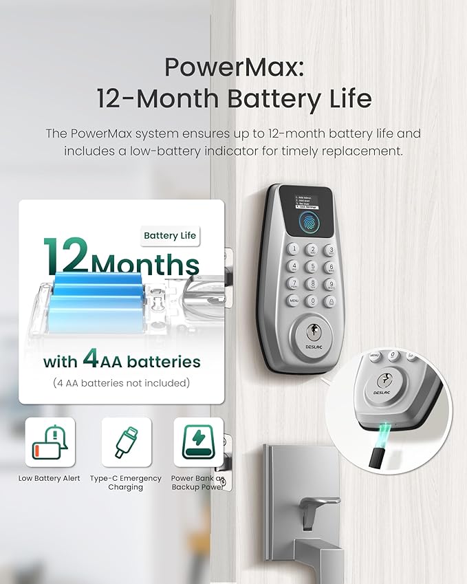DESLOC C110 Fingerprint Smart Front Door Lock Set with Handle Keyless Entry Door Lock, Keypad Deadbolt, Auto-Lock, Easy DIY Installation, IP54 Weatherproof, Fits Most US Doors, Sliver
